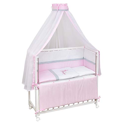 Cama supletoria Baby Delux Cuna Princess cuna móvil madera blanco 90x40cm incluye colchón y juego de cama completo con bordado