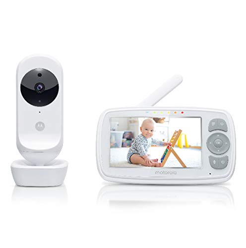Monitor para bebés Motorola Baby Ease 34 con cámara Monitor para bebés con video de 4.3 pulgadas Pantalla HD Visión nocturna Comunicación bidireccional Canciones de cuna Zoom Control de temperatura ambiente Blanco