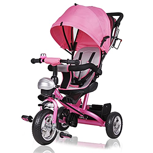 Triciclo triciclo para niños rosa cinturón de 5 puntos cochecito de techo extraíble bicicleta cochecito para niños