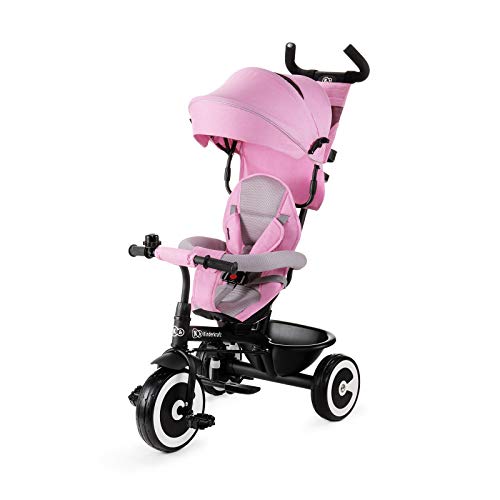 Triciclo eléctrico infantil ASTON, triciclo infantil, jogger, con accesorios, claraboya, cinturones de seguridad, dos manillares, rueda libre, varilla de empuje, de 9 meses a 5 años, asiento cómodo, rosa