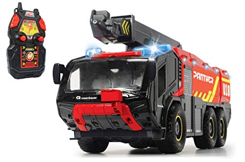 Dickie Toys RC camión de bomberos del aeropuerto, con control remoto de 4 canales, Panther 6x6, Rosenbauer, cuerpo de bomberos con control remoto, camión de bomberos, brazo extensible, luz y sonido, función de rociado de agua, 56 cm de altura, rojo