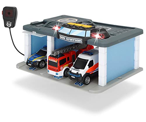 Estación de rescate Dickie Toys SOS con policía, cuerpo de bomberos y ambulancia, estación con luz y sonido, micrófono con función de altavoz, puertas que se pueden abrir, incluidas baterías, 31x22x16 cm