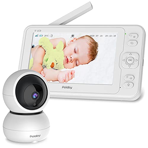 Monitor para bebés con cámara, monitor para bebés con video Pelaby de 5 pulgadas IPS 1080P, visión nocturna por infrarrojos, alarma de temperatura y sonido, canción de cuna, audio bidireccional, rango de 300M, gran angular de 110 °, 3600 mAh, reproducción de video