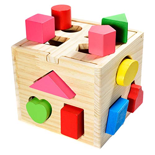 todos los cubos de madera de Kids United® caja enchufable de rompecabezas de juguete educativo para bebés y niños pequeños;  Los juguetes de madera entrenan las habilidades motoras;  Promoción del reconocimiento de formas y la concentración.