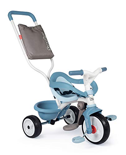 Smoby 740414 - Be Move Comfort azul - triciclo infantil con varilla de empuje, asiento con cinturón de seguridad, estructura de metal, pedal de rueda libre, para niños a partir de 10 meses