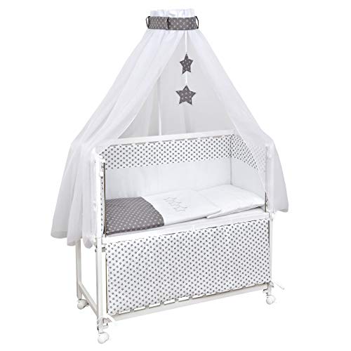 Cama lateral Baby Delux Gray Stars cuna móvil cama para bebé madera blanco 90x40cm incluye colchón y juego de cama completo con bordado