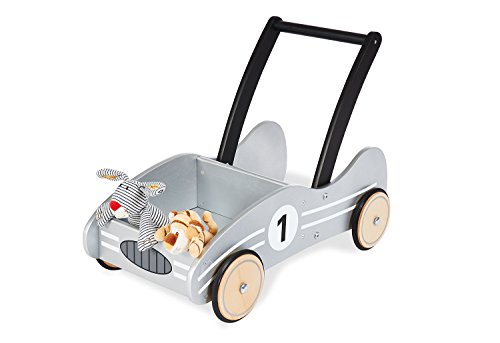 Andador Pinolino Kimi, fabricado en madera, con sistema de frenado, andador con ruedas de madera engomadas, para niños de 1 a 6 años, plateado