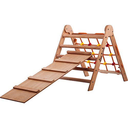 Escalera interior triangular de escalada RINAGYM con red y tobogán - estructura de madera para niños, favorece el equilibrio - pintura y barniz a base de agua - capacidad de carga 50 kg.
