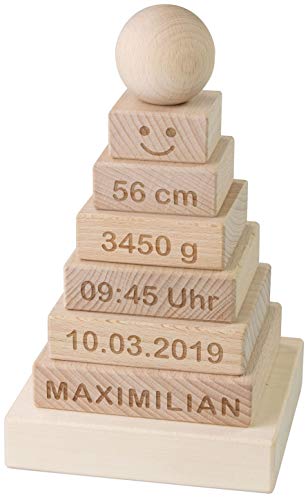 Torre de apilamiento LAUBLUST personalizada con grabado personalizado - juguetes de motricidad para niños - naturaleza, madera, aprox.11 x 11 x 19 cm