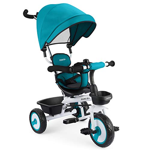 Fascol Baby Dreirad triciclo infantil 4 en 1 para niños de 12 meses a 5 años con capota desmontable y triciclos con varilla de empuje con portavasos, azul