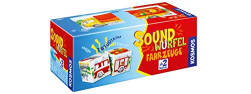 KOSMOS 697372 - vehículos de cubo de sonido, juguetes educativos con ruidos, para niños a partir de 2 años, juguetes para niños pequeños, ruidos de camión de bomberos, locomotora, helicóptero, coche de carreras, camión, barco