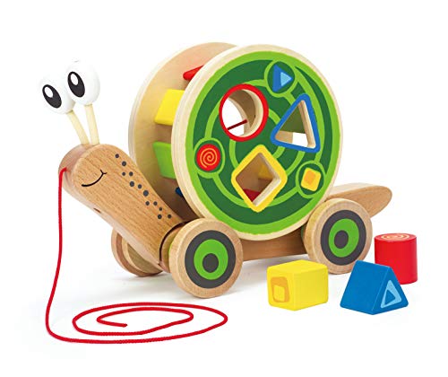 Hape E0349 - Caracol de arrastre, juguete de arrastre, incluye clasificador de colores y formas, de madera, a partir de los 12 meses