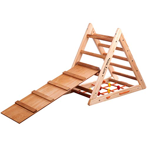 Triángulo de escalada para niños RINAGYM - parque infantil de madera - escalera, tobogán de doble cara, red de juego - parque infantil interior, torre de juegos, torre de escalada para niños - soporta hasta 60 kg de peso