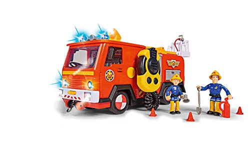 Simba 109251085 Bombero Sam Ultimate Jupiter, camión de bomberos con 2 figuras, luz y sonido, función de rociado de agua, cabrestante, a partir de 3 años