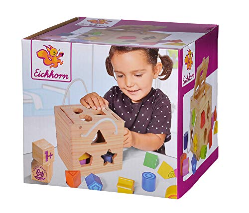 Eichhorn 100002092 cubo de madera, madera de pino, cubo de habilidades motoras con 12 módulos enchufables, juguetes de madera para niños a partir de 12 meses, tamaño: 14,5x14,5x14,5 cm
