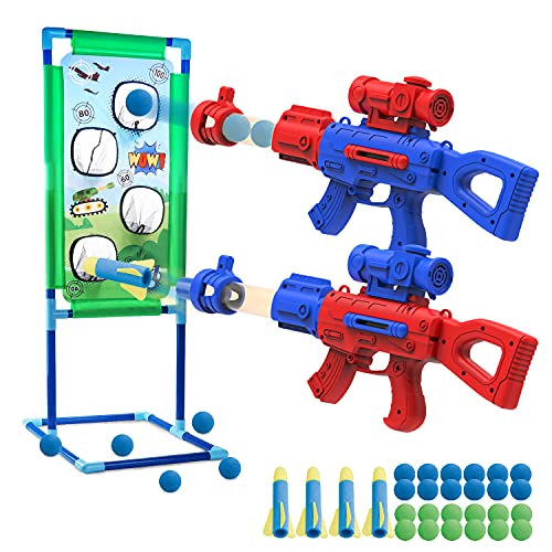 SLDALES 2 pistolas de juguete para niños, con 24 bolas de espuma, 4 flechas de espuma y pistolas de tiro, 5 6 7 8 9 10+ años, regalos para niños y niñas