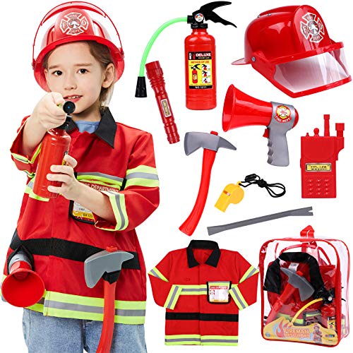 Tacobear - Disfraz de bombero para niños, juego de rol de brigada de bomberos con extintor de incendios, casco de fuego, juguetes de bombero para niños, niñas, carnaval, Halloween, Mardi Gras, 3 4 5 6 7 8 años