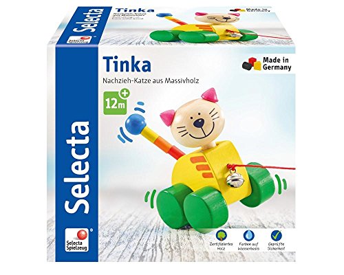 Selecta 62035 Tinka, gato de arrastre, juguete para empujar y tirar de madera, 12 cm
