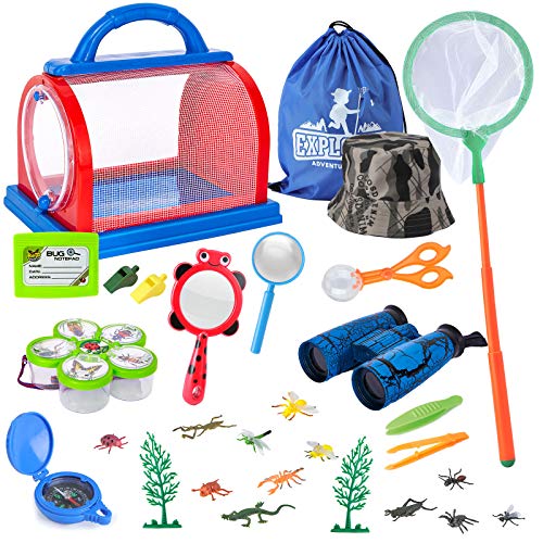 Juego de juguetes para explorador exterior, kit para atrapar insectos, 27 piezas con binoculares para niños, red para mariposas, lupa con brújula, jaula para bichos de insectos, pinzas, juego de aventurero, regalos para niños de 3 a 10 años