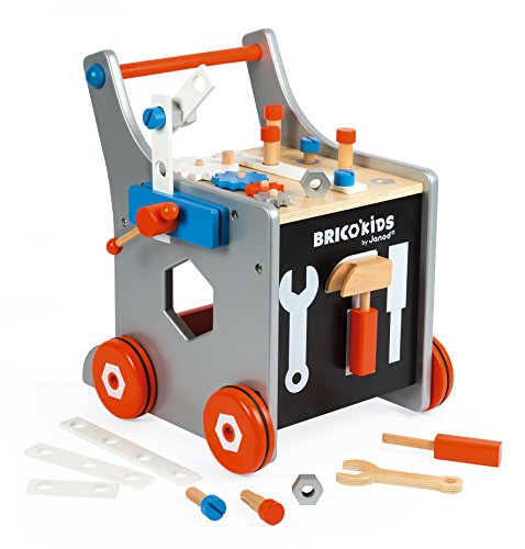 Janod J06478 Carro banco de trabajo de madera para niños “Brico'Kids”, magnético, juguetes de fantasía, con 25 herramientas y accesorios, para niños a partir de 18 meses, multicolor