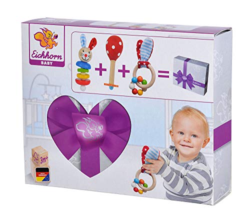 Eichhorn 100017045 - Juego de iniciación / regalo para bebé con maraca, juguete de agarre con sonido y juguete de agarre con motivo de conejo, 3 piezas, a partir de 3 meses