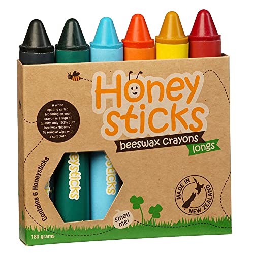 Crayones de cera Honeysticks hechos de cera de abejas 100% pura (paquete de 6, los delgados), naturales, seguros para bebés, niños pequeños y niños, hechos a mano en Nueva Zelanda, adecuados para niños mayores