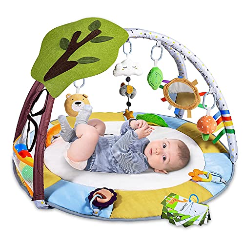 Manta de juego para bebé con 9 juguetes, manta de juego Lupantte con arco de juego para habilidades sensoriales y motoras, manta de juego para bebé con 2 mordedores y bolas, más grande, más gorda, para bebé de 0 a 12 meses